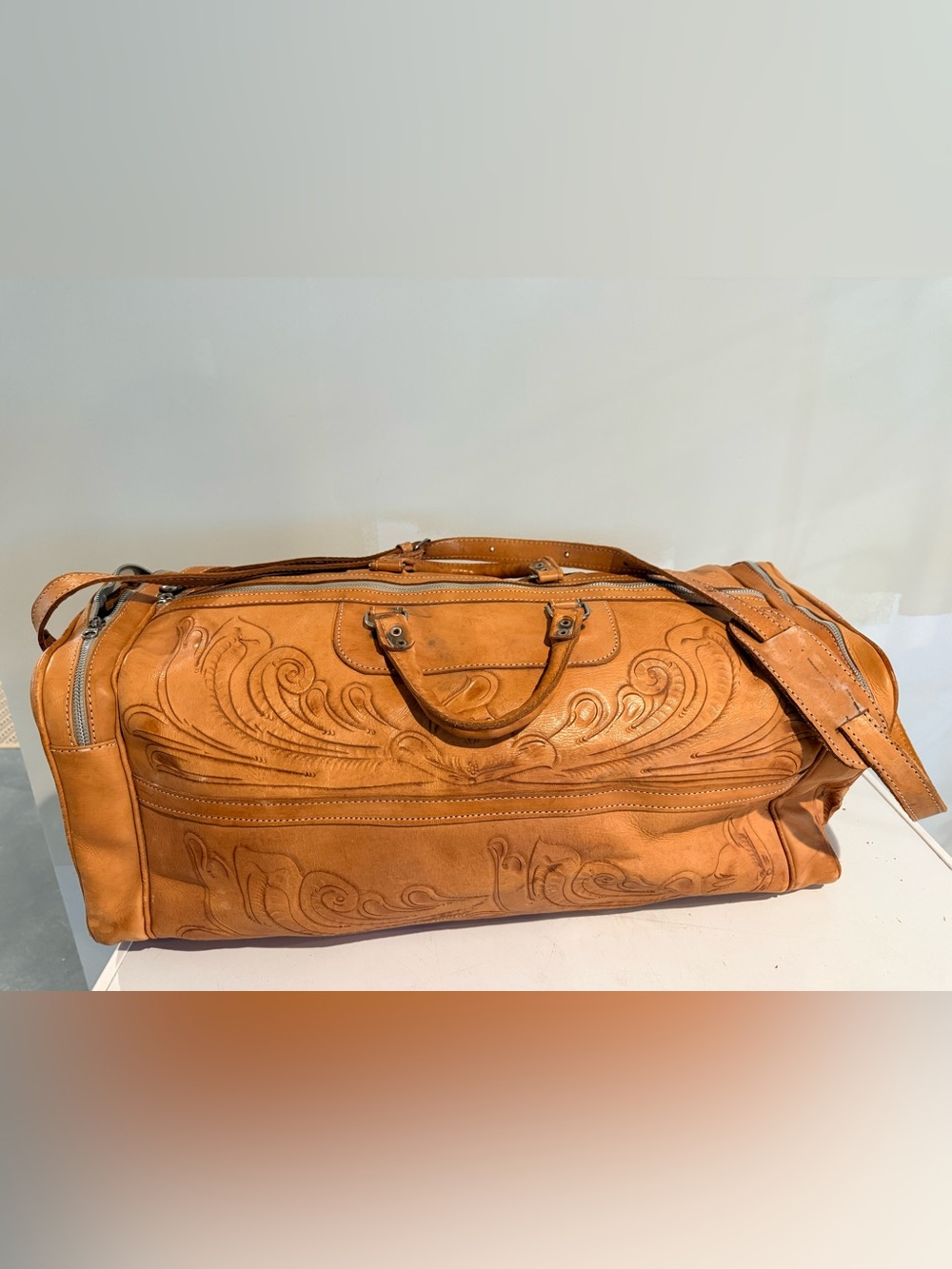 Vintage Leather Tooled Travel Duffel Bag
